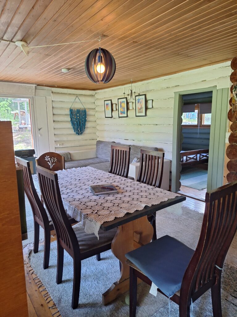 Kuvassa mökkimme olohone mökin ovelta katsottuna. Kuvassa näkyy ruokapöytä, sohva ja seinävaate.