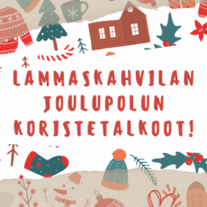 Lammaskahvilan joulupolku - koristetalkoot kuvassa animoituna joulutalo, sukka, pipo, kuusi, havuja, villapaita ja muuta vastaavaa